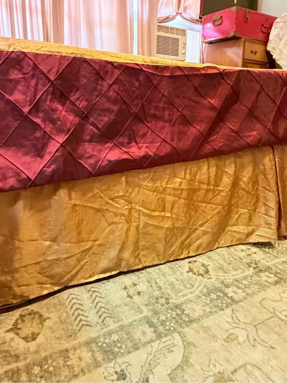 Elegant Floral Burgundy and Gold  Patchwork Duvet w Gold Dust Ruffle